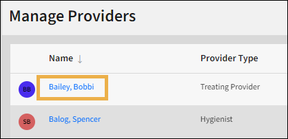 Manage Provider window with a yellow highlight box around a provider Name hyperlink.